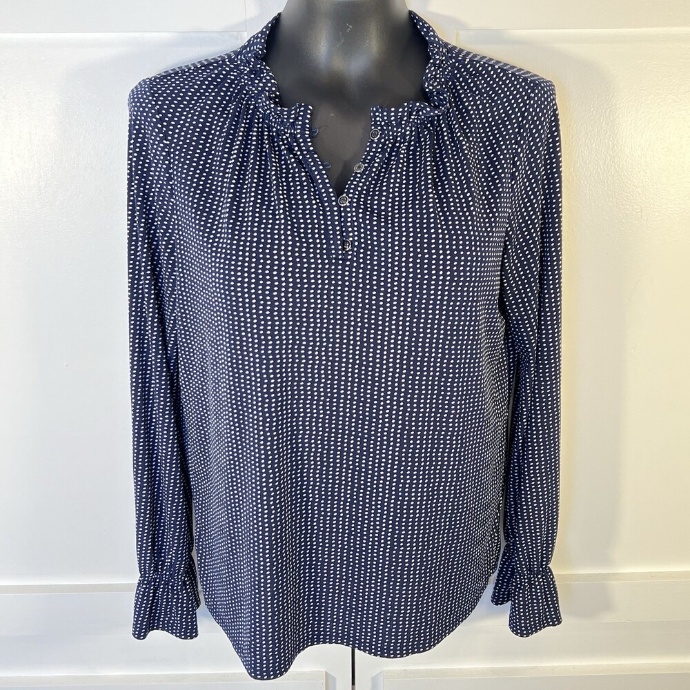 Adrianna Papell - Womens Blouse M Polka Dot Navy Long Sleeve